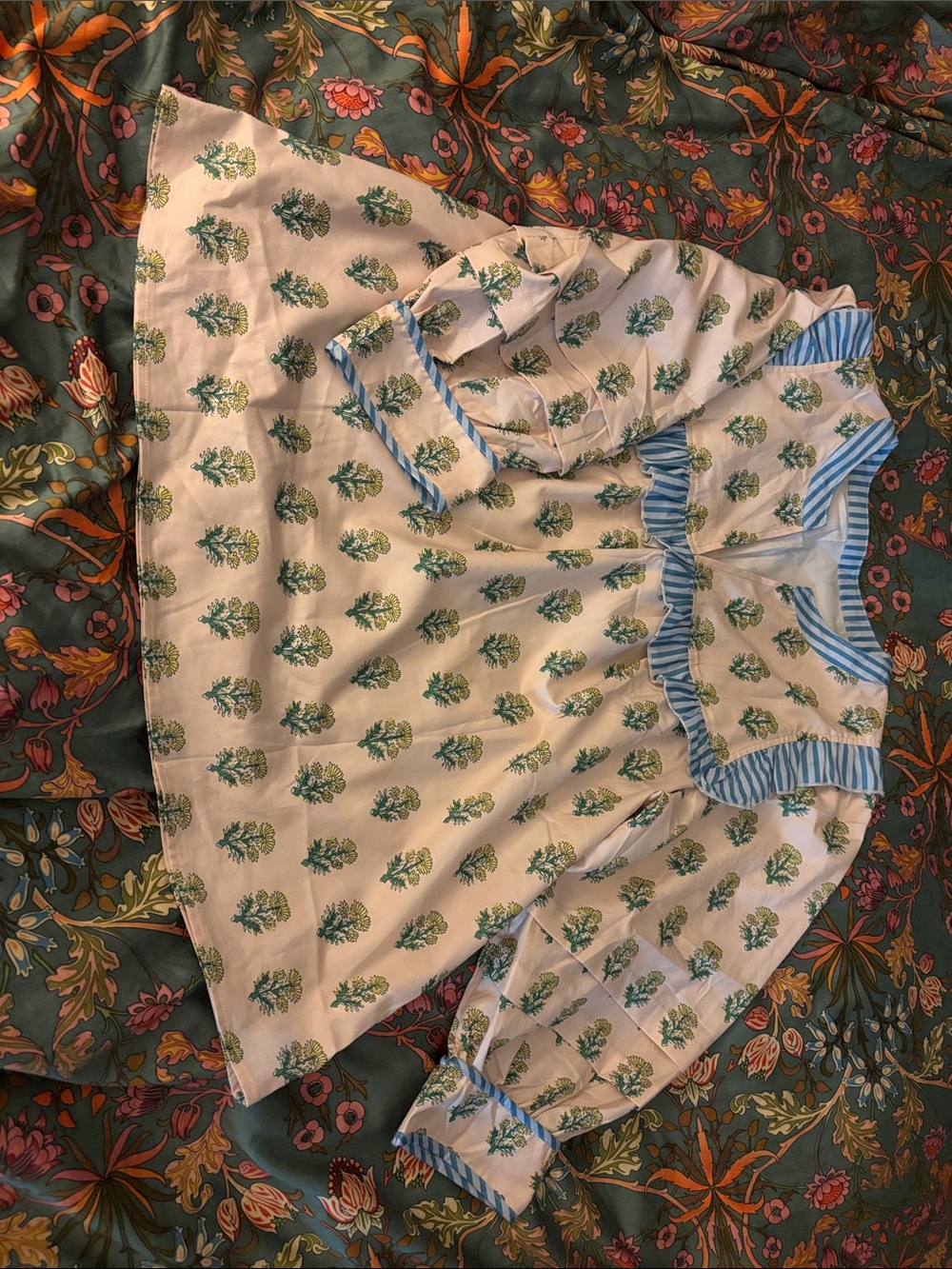 White with Green Floral Print and Blue Stripe Trim